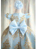 Gold Lace Sky Blue Tulle Fancy Flower Girl Dress